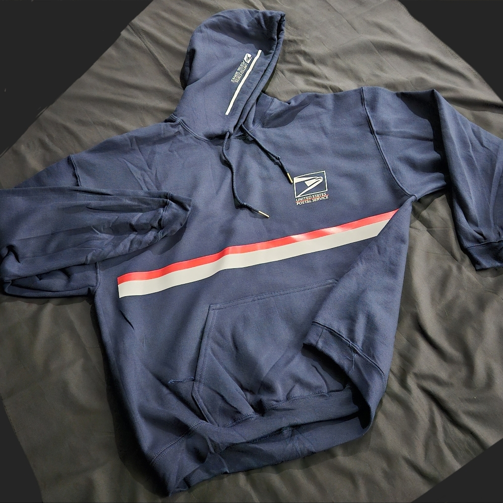 Us mail inspired pullover hoodie. With front and back reflective design.